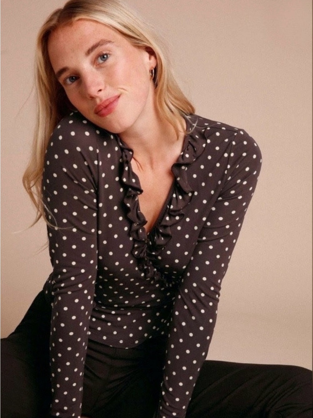 Rouje Polka Dot Ruffle V-Neck Top